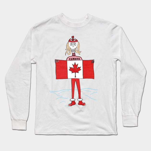 Skeleton Canadian Blonde Woman Holding Canada Flag in Snow Long Sleeve T-Shirt by Kathy Braceland Art